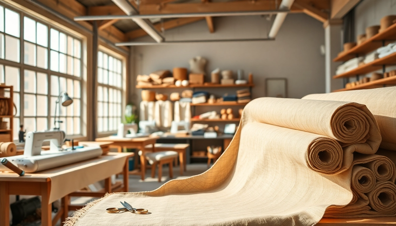 Bekijk ongebleekt katoenrollen in een sfeervolle naaiwerkplaats met rijke texturen.