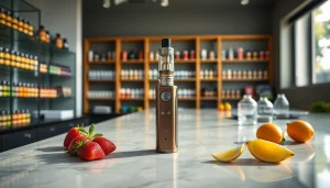 Elfbar präsentiert im Vordergrund auf einem eleganten Tisch, umgeben von verschiedenen Geschmäckern.