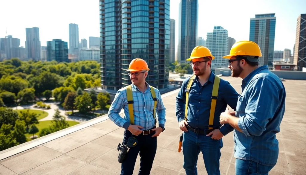 Inspecting durable commercial roofing services with professional contractors in an urban setting.