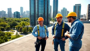 Inspecting durable commercial roofing services with professional contractors in an urban setting.