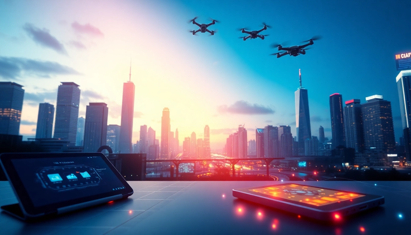 Illustration of Technology through futuristic gadgets and skyline highlights