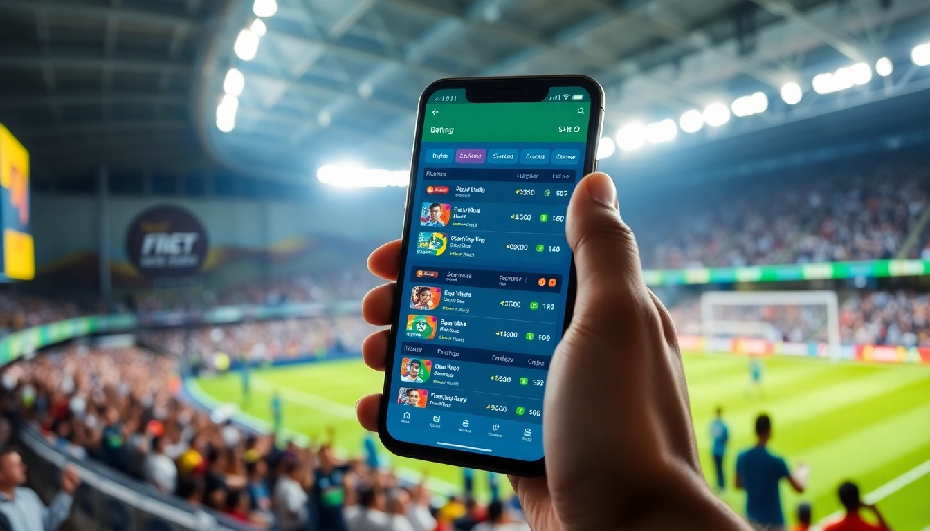 Engaging smartphone screen displaying sports betting in India options against a lively stadium backdrop.