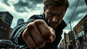 Engaging image of a protagonist similar to reacher series in an intense urban setting.