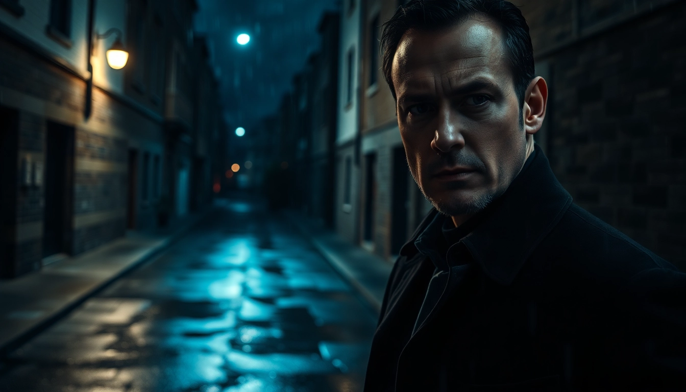 Intense thriller scene showcasing detective in dark alley, similar to reacher series.