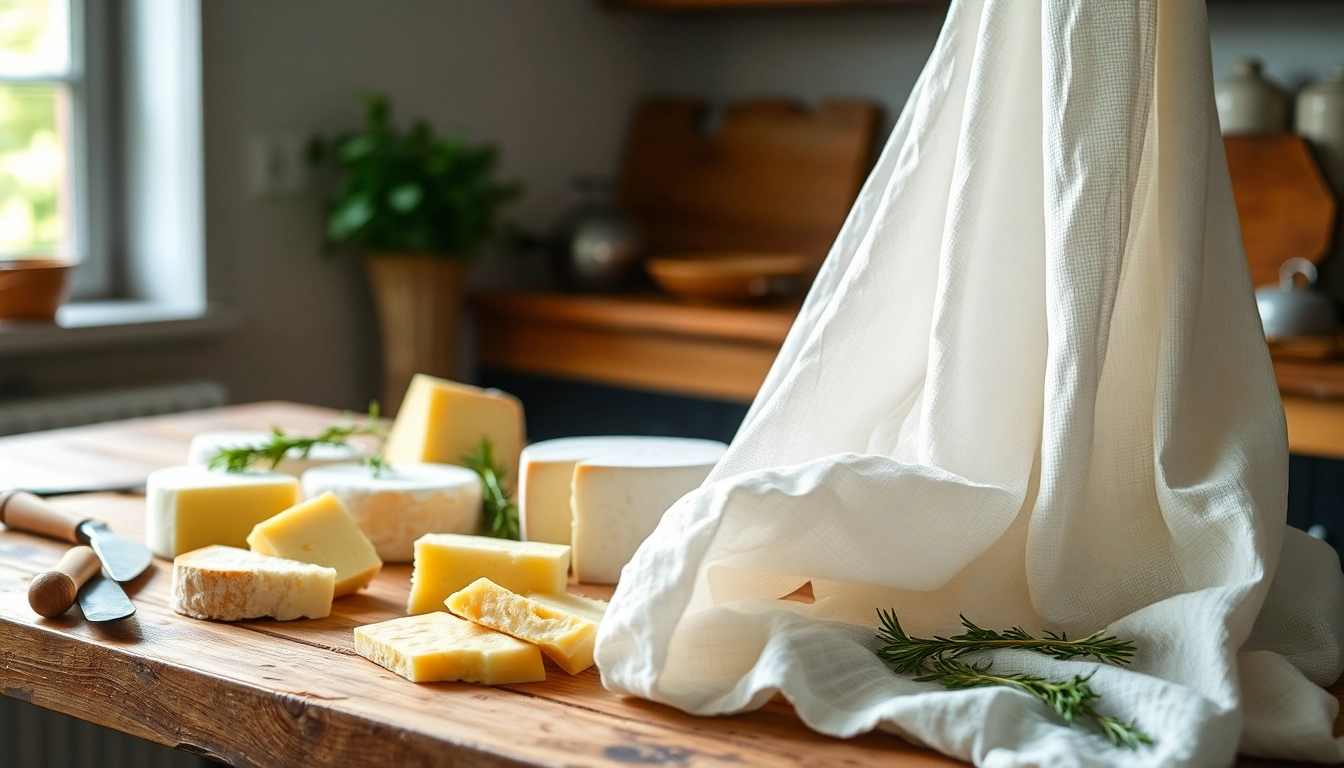 Kaasdoek die delicate kazen en kruiden mooi presenteert op een houten tafel.