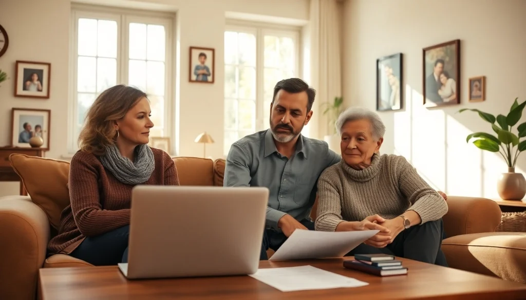 Evaluate life insurance options with a family discussing policies in a bright, inviting room.