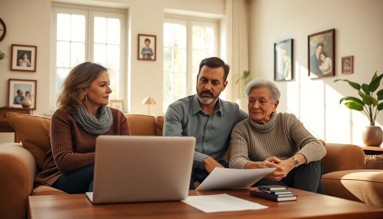 Evaluate life insurance options with a family discussing policies in a bright, inviting room.
