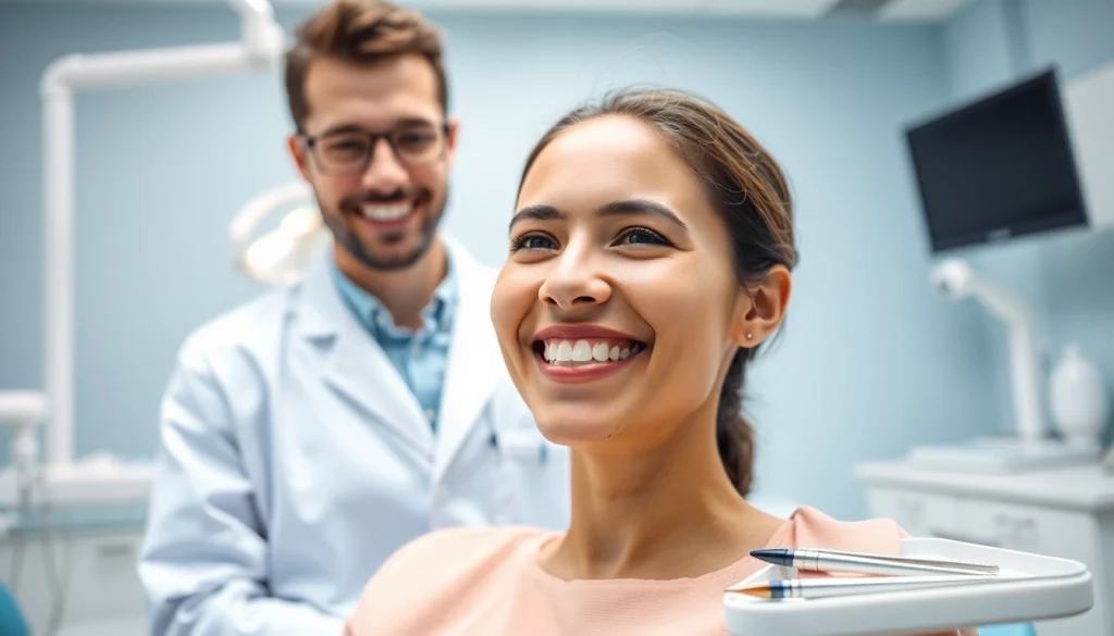 Dentist interacting with a patient in a bright and modern dental clinic.