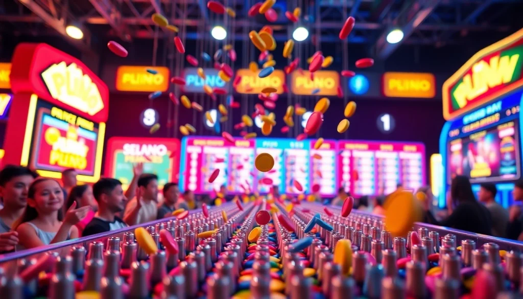 Menangkan demo plinko dengan chip berwarna cerah jatuh melalui jaring peg yang berkilauan.