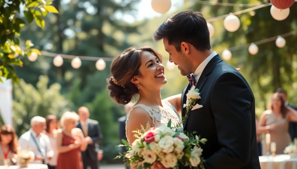 Documenting a couple's special moment by a photography company edmonton, surrounded by lush nature and guests.