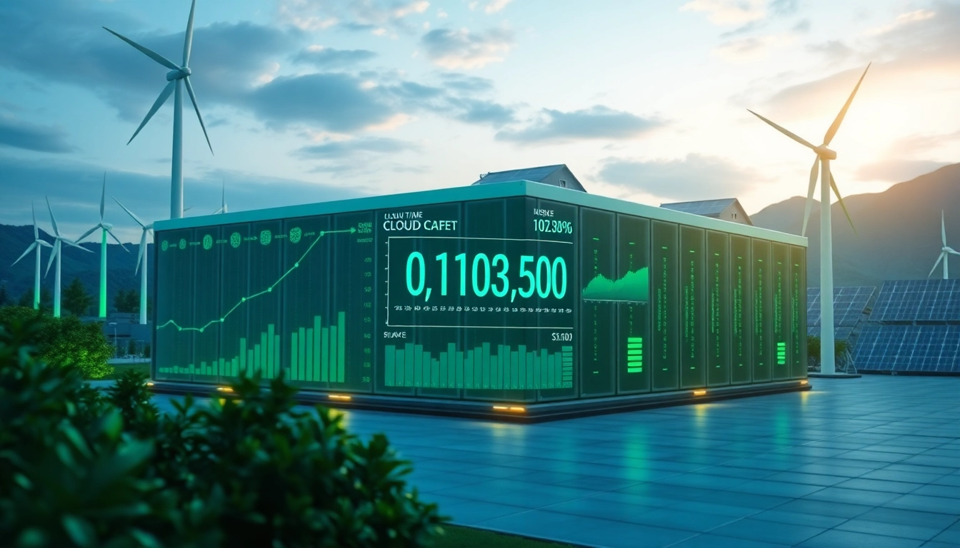 Visual representation of trusted cloud mining sites featuring a modern mining facility and renewable energy sources.