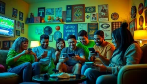 Discussing sportsbooks in Alabama with friends in a lively, warm-lit living room.