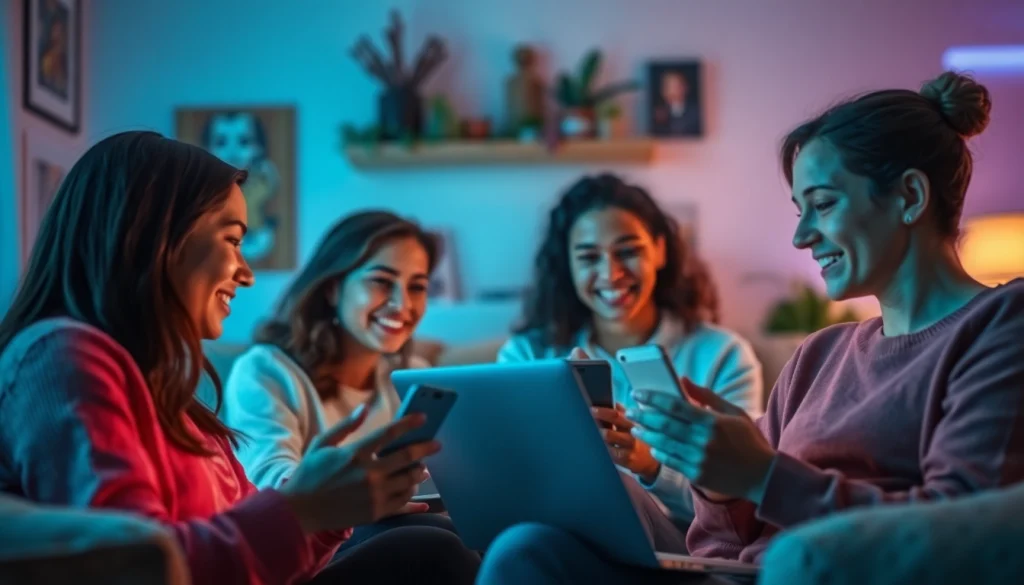 Engaging individuals in a cozy sex chat environment showcasing modern devices.