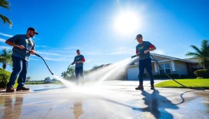 Concrete cleaning in action, showcasing a professional team washing a driveway in Kissimmee.