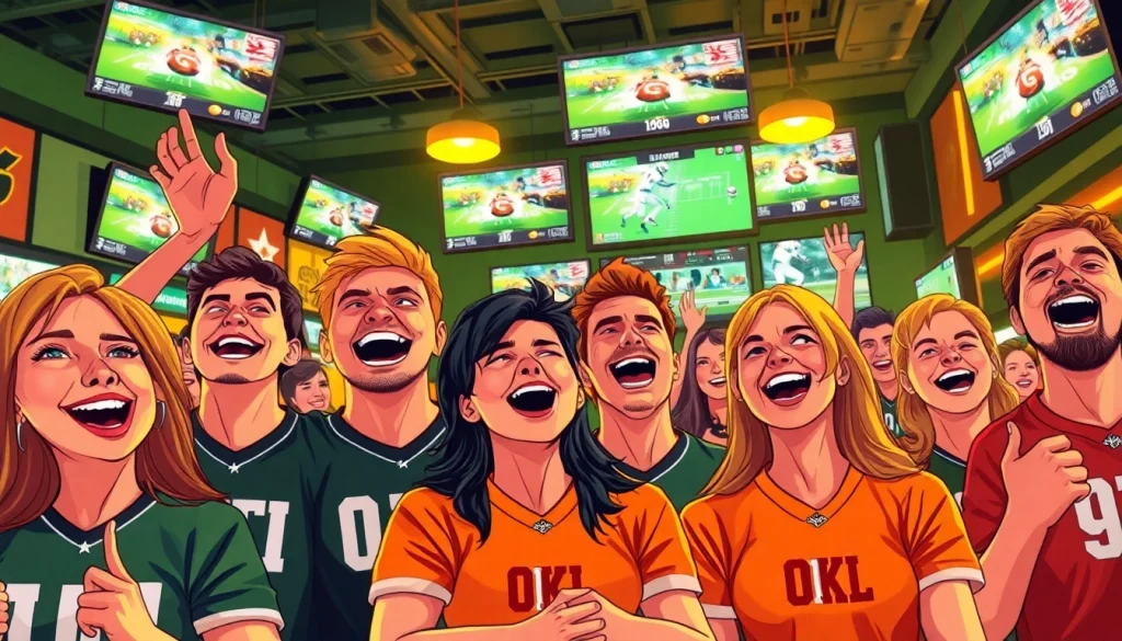 Cheering fans engage in sportsbooks in Oklahoma, highlighting a vibrant sports betting atmosphere.