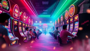 Situs kode4d online gaming atmosphere with vibrant casino slots and players enjoying the thrill of winning.