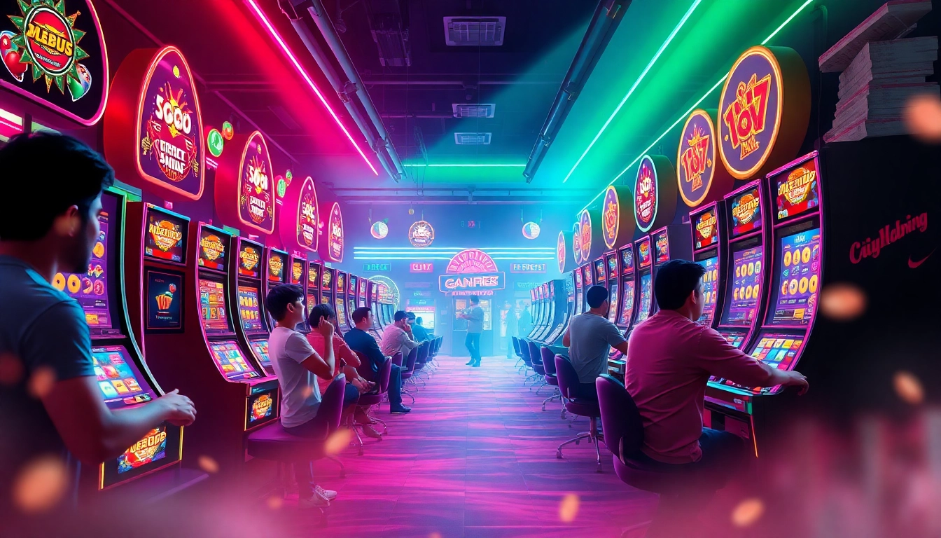 Situs kode4d online gaming atmosphere with vibrant casino slots and players enjoying the thrill of winning.