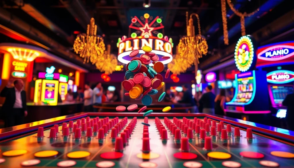 Menangkan pengalaman seru dalam plinko demo dengan chip berwarna yang jatuh di atas pin.