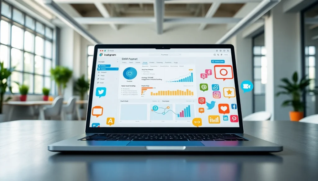 Engaging Instagram smm panel dashboard displayed on a laptop in a vibrant office setting.