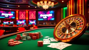 Penjudi menikmati permainan taruhan tinggi di kasino glamor yang memperlihatkan pengalaman login dewanaga89.