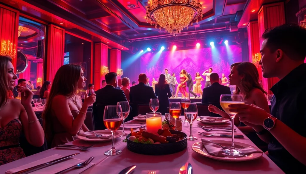 Dinner sxm at Club Noir, a luxurious dining experience with performances, cocktails, and vibrant lights.