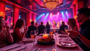Dinner sxm at Club Noir, a luxurious dining experience with performances, cocktails, and vibrant lights.