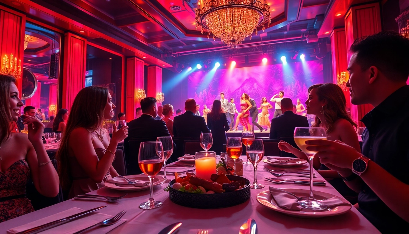 Dinner sxm at Club Noir, a luxurious dining experience with performances, cocktails, and vibrant lights.