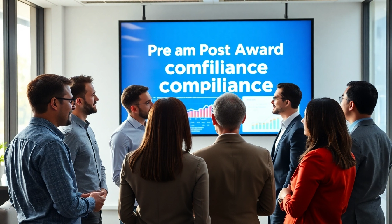 Engaged professionals analyzing Pre and post award compliance strategies in a modern office.
