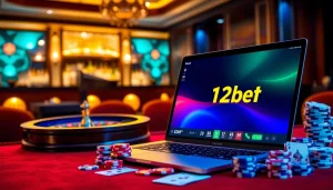 Experience high-stakes excitement with link vao 12bet displayed on a sleek laptop amidst poker chips and roulette.
