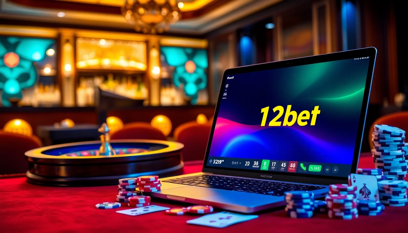 Experience high-stakes excitement with link vao 12bet displayed on a sleek laptop amidst poker chips and roulette.