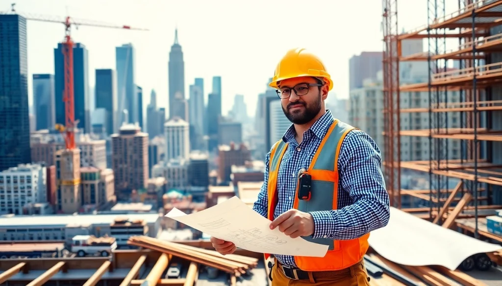 New York General Contractor overseeing a construction project in a vibrant urban setting.