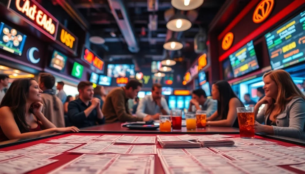 Engaging scene showcasing sportsbooks in Canada with vibrant energy and diverse betting activities.