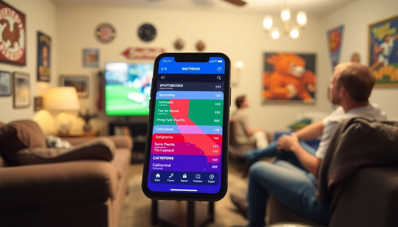 Engaging interaction with sportsbooks in California featured on a smartphone in a lively setting.