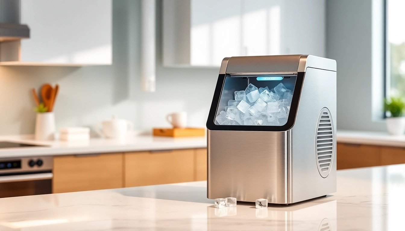 Efficient ice maker producing clear ice cubes in a stylish kitchen setup.