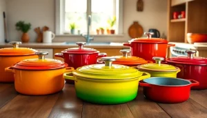 Find where to buy Le Creuset in NZ with an elegant display of vibrant cookware on a rustic kitchen table.