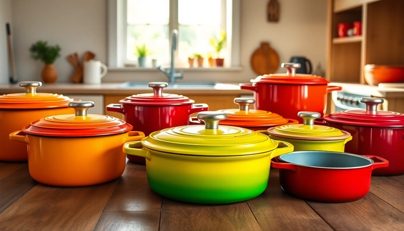 Find where to buy Le Creuset in NZ with an elegant display of vibrant cookware on a rustic kitchen table.