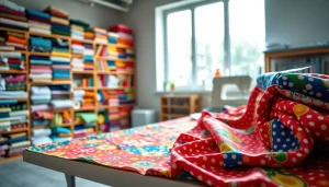 Kwaliteits stof in een levendige naaiwerkplaats met kleurrijke patronen en natuurlijke verlichting.