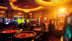 Experience thrilling gameplay at BK8 เว็บตรง with luxurious casino gaming tables and vibrant slot machines.