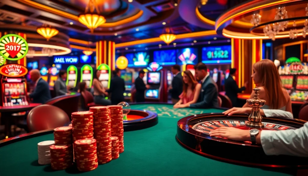 Experience the excitement of trang cá cược vua99 with players enjoying casino games amid bright lights and vibrant action.