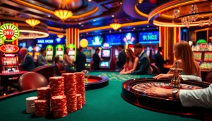 Experience the excitement of trang cá cược vua99 with players enjoying casino games amid bright lights and vibrant action.