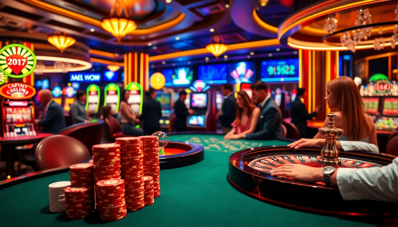 Experience the excitement of trang cá cược vua99 with players enjoying casino games amid bright lights and vibrant action.
