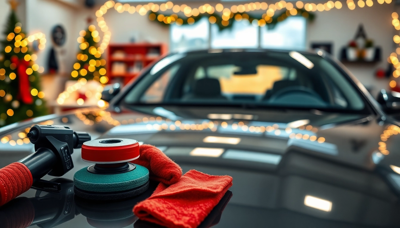 Beautiful Christmas car detailing gift setup with polished car and festive decorations