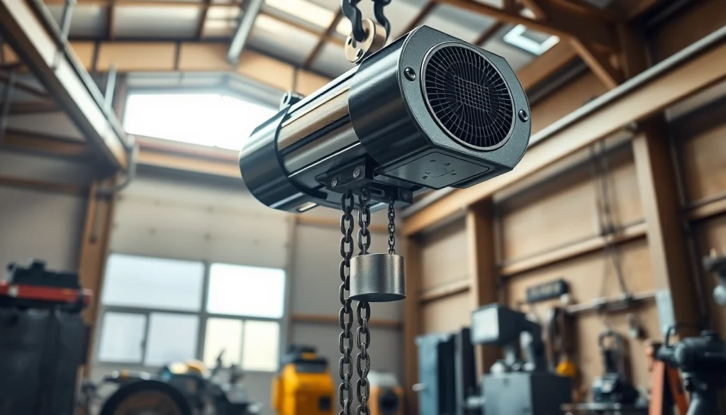 Efficient electric chain hoist crane lifting a heavy load in a professional workshop.