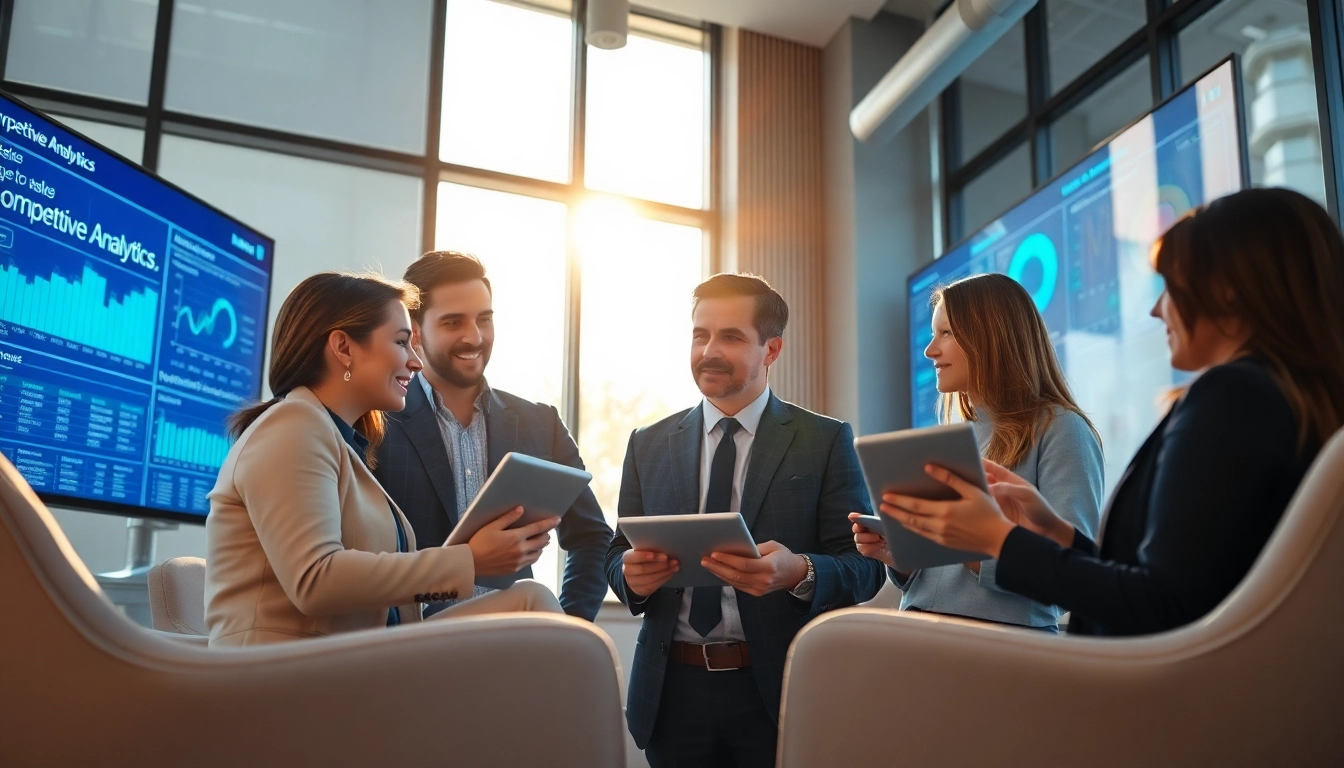 Analyze competitive intelligence for sales with an engaged team in a modern office.