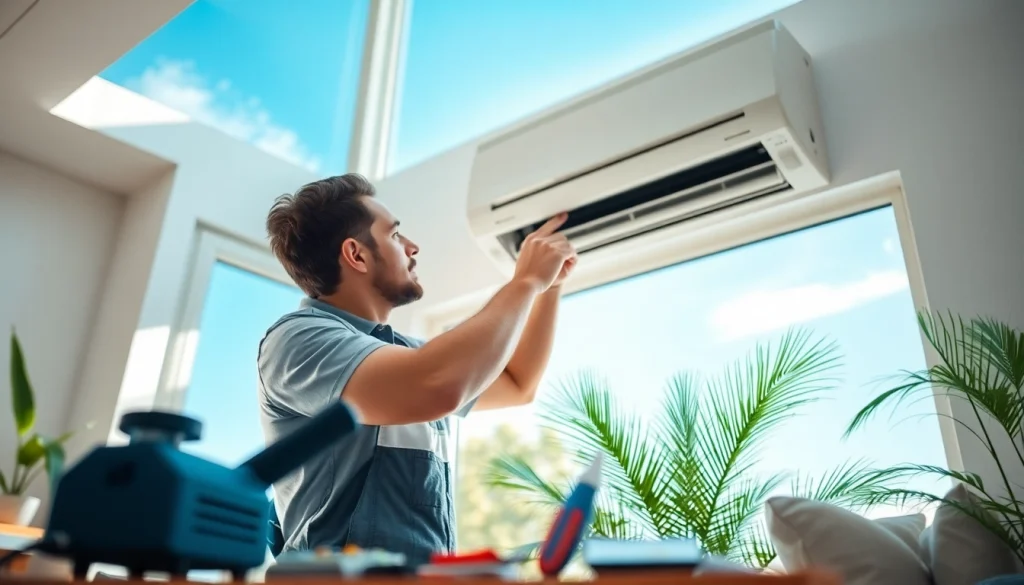 Expert assessing AC Repair Pinellas County FL system in a bright, welcoming living room.