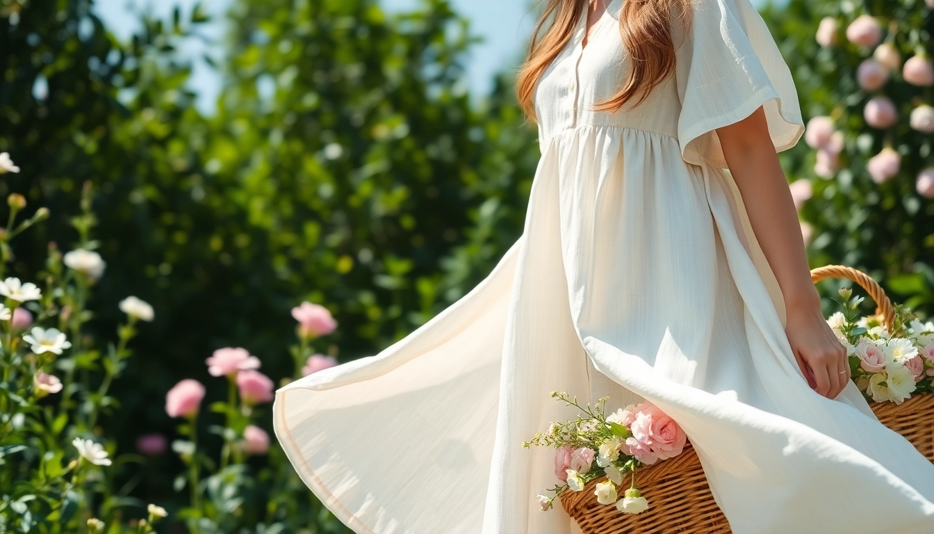 Model in linnen jurken presenteert elegantie in een groene tuin vol bloemen.