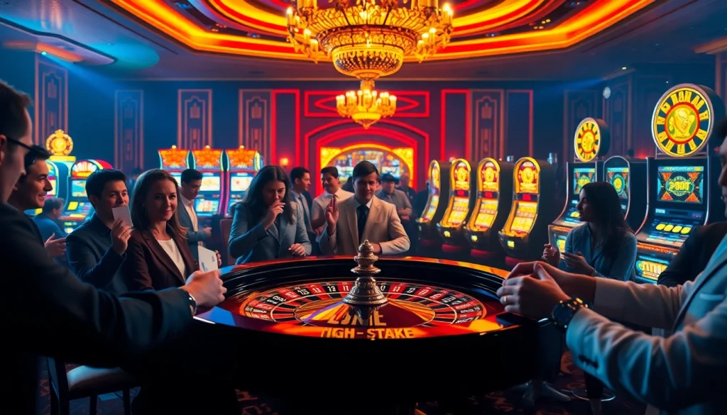 Experience the thrill of idnslot gaming at a vibrant casino, featuring a bustling roulette table and illuminated slot machines.