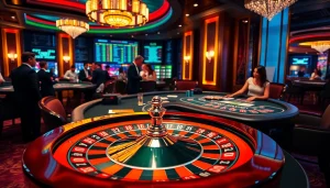 Experience the thrill of betting at https://j88.gives/ with a vibrant casino scene showcasing roulette and blackjack.
