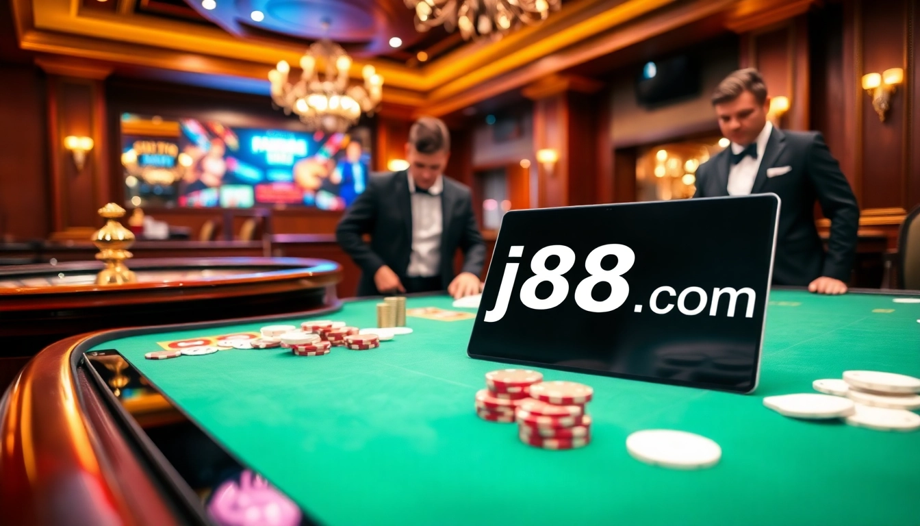 Engaging players at the poker table and online interface emphasize j88 com excitement.