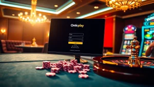 Excited players engaging with the Onicplay login interface while showcasing vibrant casino elements.